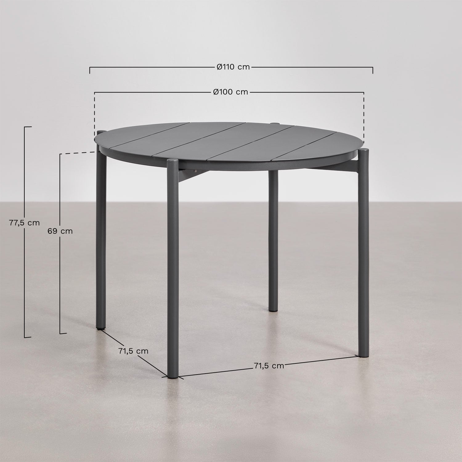 Zestaw okrągłego stołu Ø110 cm z aluminium Elton i 4 krzeseł ogrodowych ze stali Anerina, rozmiary
