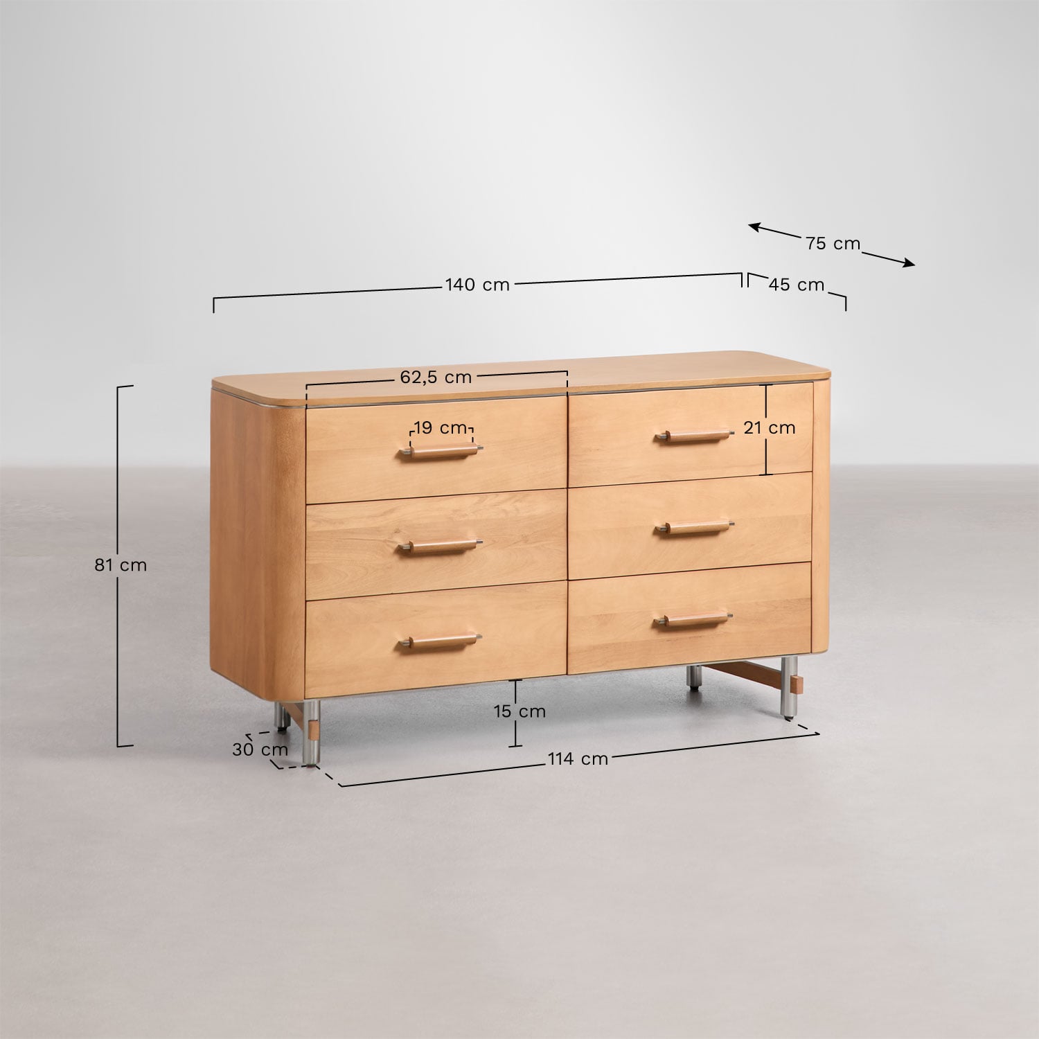 Komoda z 6 szufladami 140x45 cm z drewna mango i stali Osaka, rozmiary