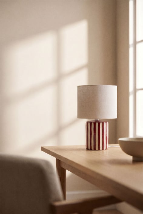 Lampa stołowa z ceramiki i lnu Araminta - Beżowy Tapioka – Czerwony Wino