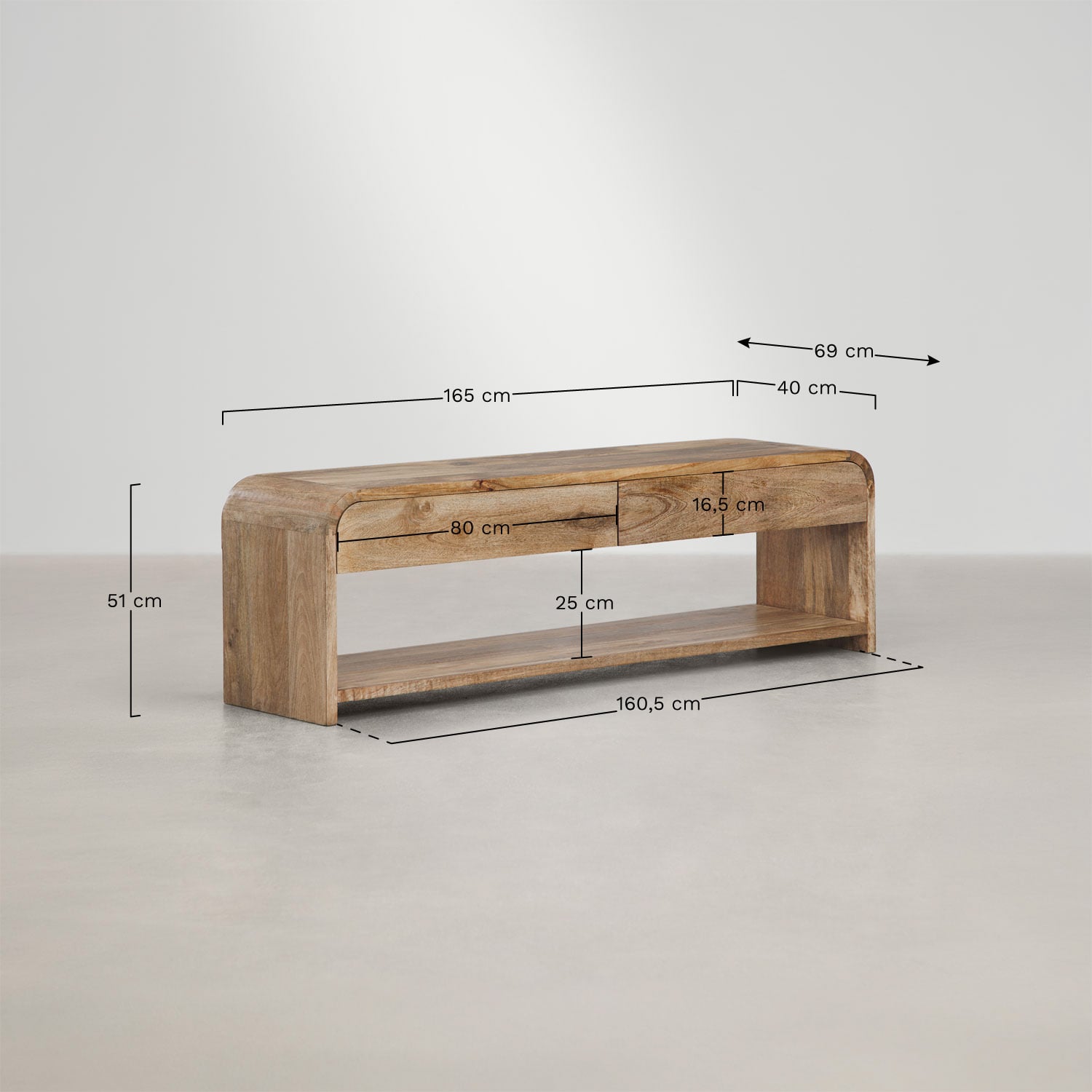 Mebel RTV 165x40 cm z miejscem do przechowywania z drewna mango Shelby, rozmiary