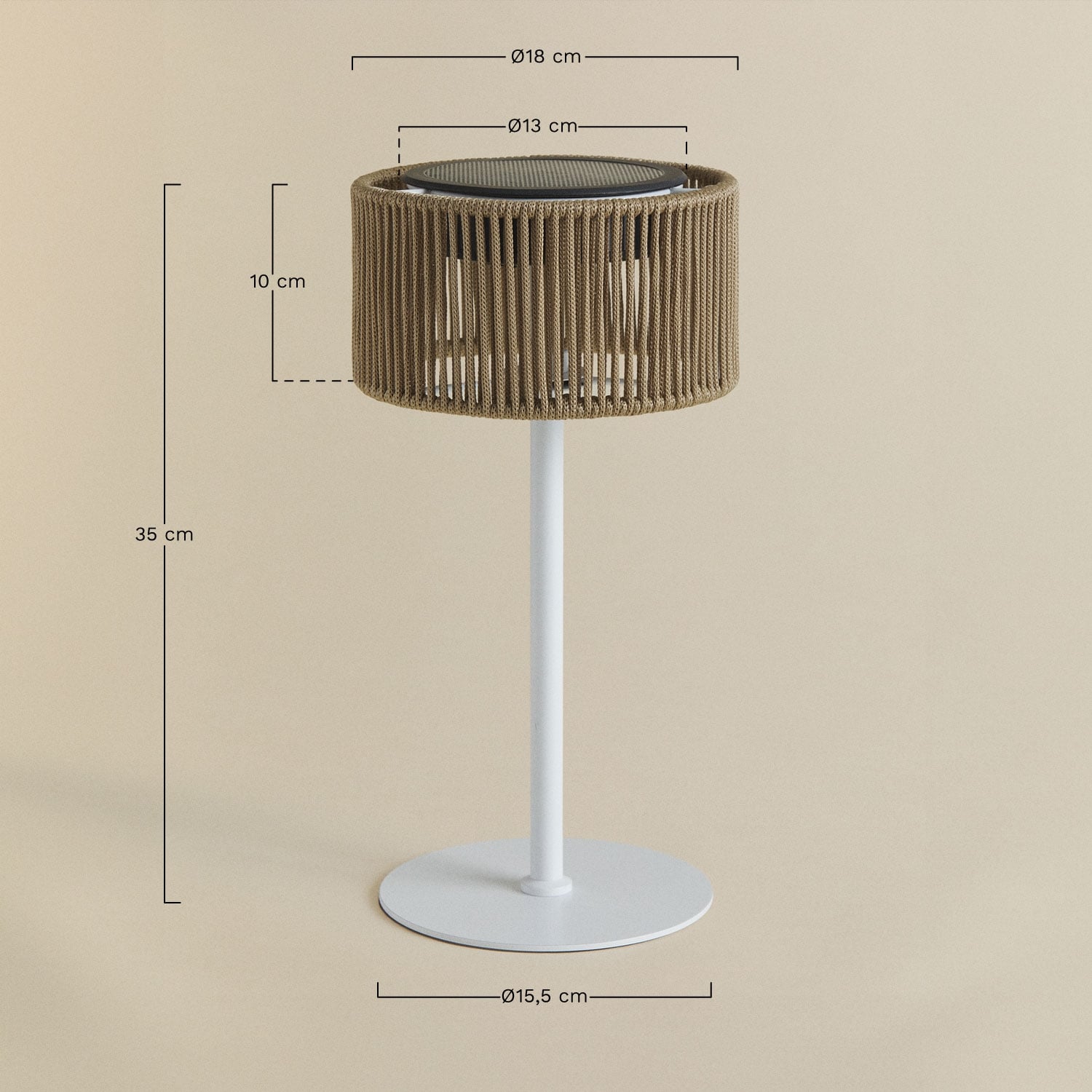 Bezprzewodowa zewnętrzna lampa stołowa solarna LED z żelaza i plecionego sznurka Krabi, rozmiary