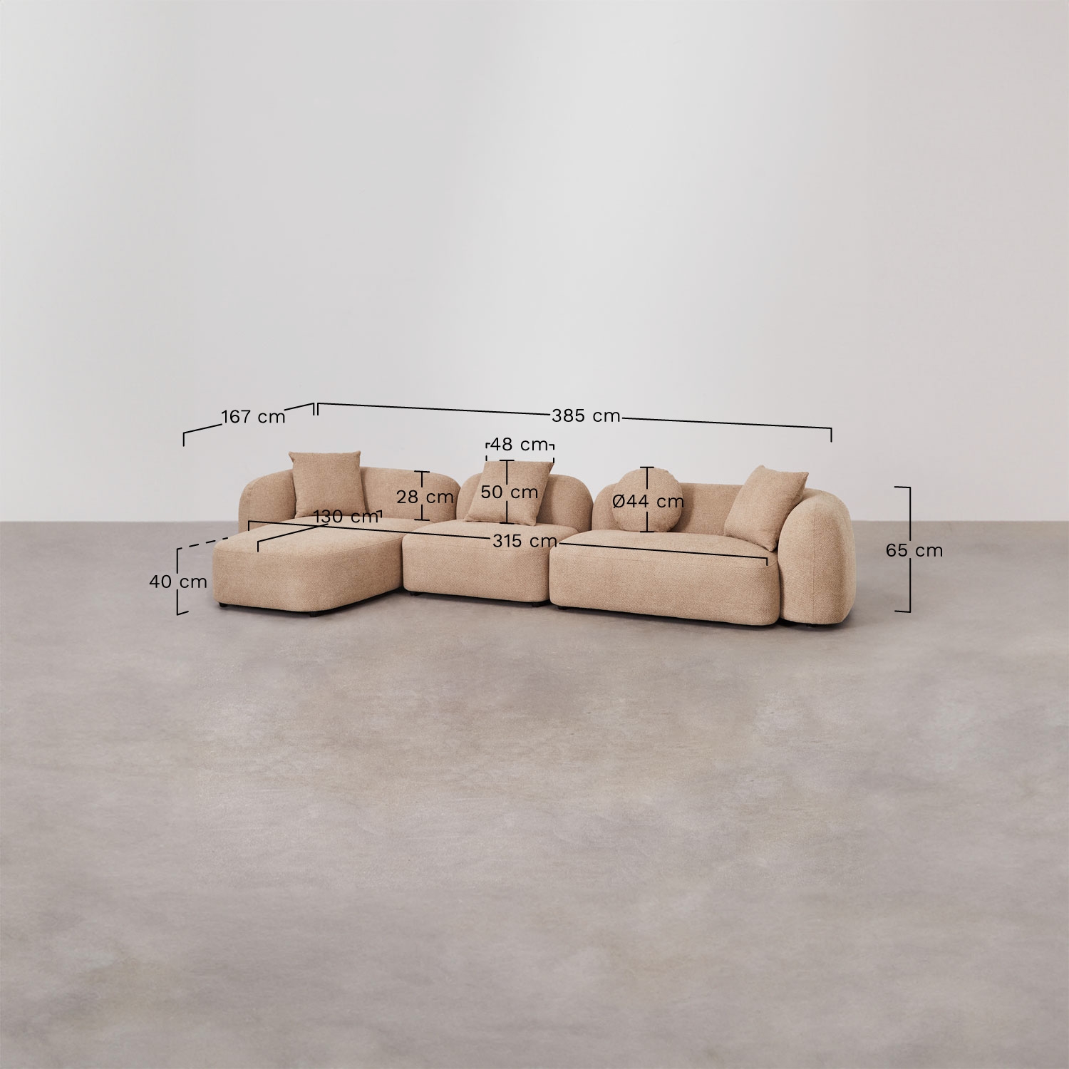 Sofa modułowy z lewym szezlongiem, 3-częściowy, z tkaniny chenilla Coco, rozmiary