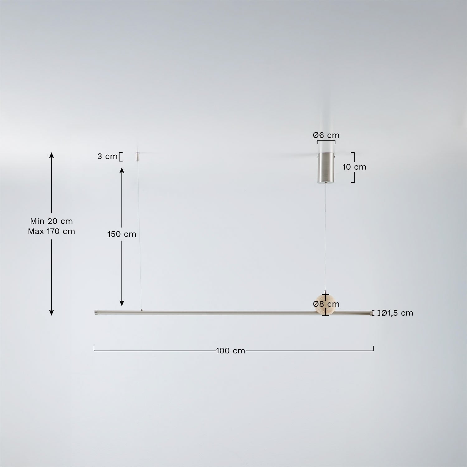 Lampa sufitowa wisząca liniowa LED 100 cm z naturalnego kamienia i żelaza Lanuvio, rozmiary