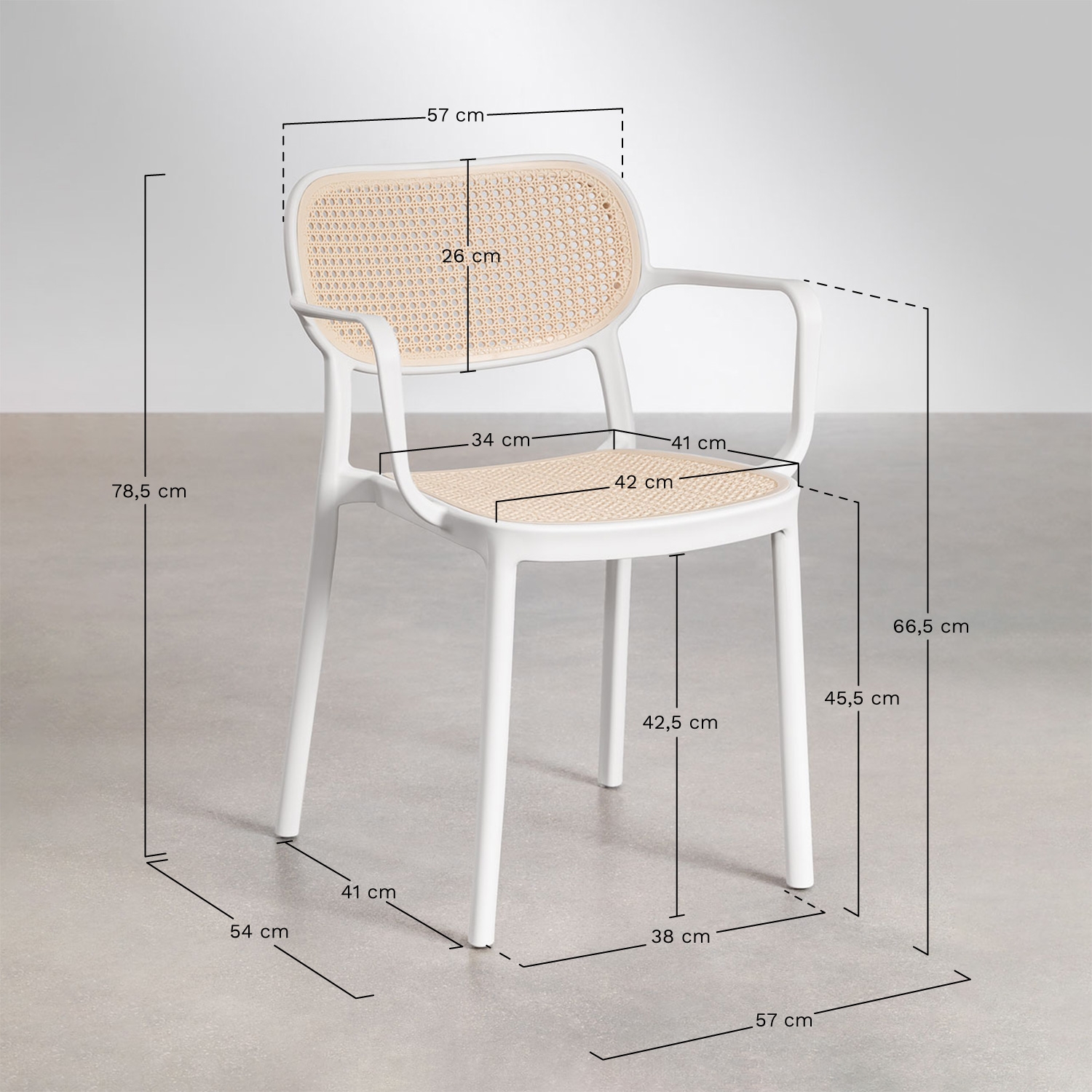 Zestaw okrągłego stołu Ø125 cm z aluminium Valerie oraz 6 krzeseł ogrodowych z podłokietnikami z polipropylenu Omara, rozmiary