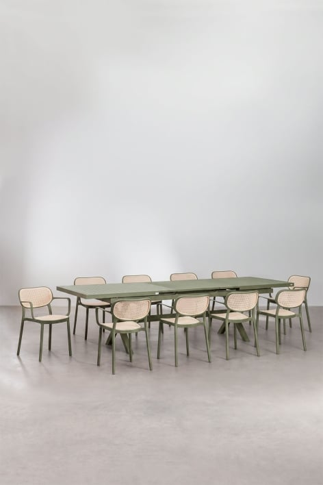 Zestaw stołu prostokątnego 240-300x100 cm rozkładanego Karena oraz 10 sztaplowanych krzeseł ogrodowych z podłokietnikami Omara - Intensywny Verde Olive