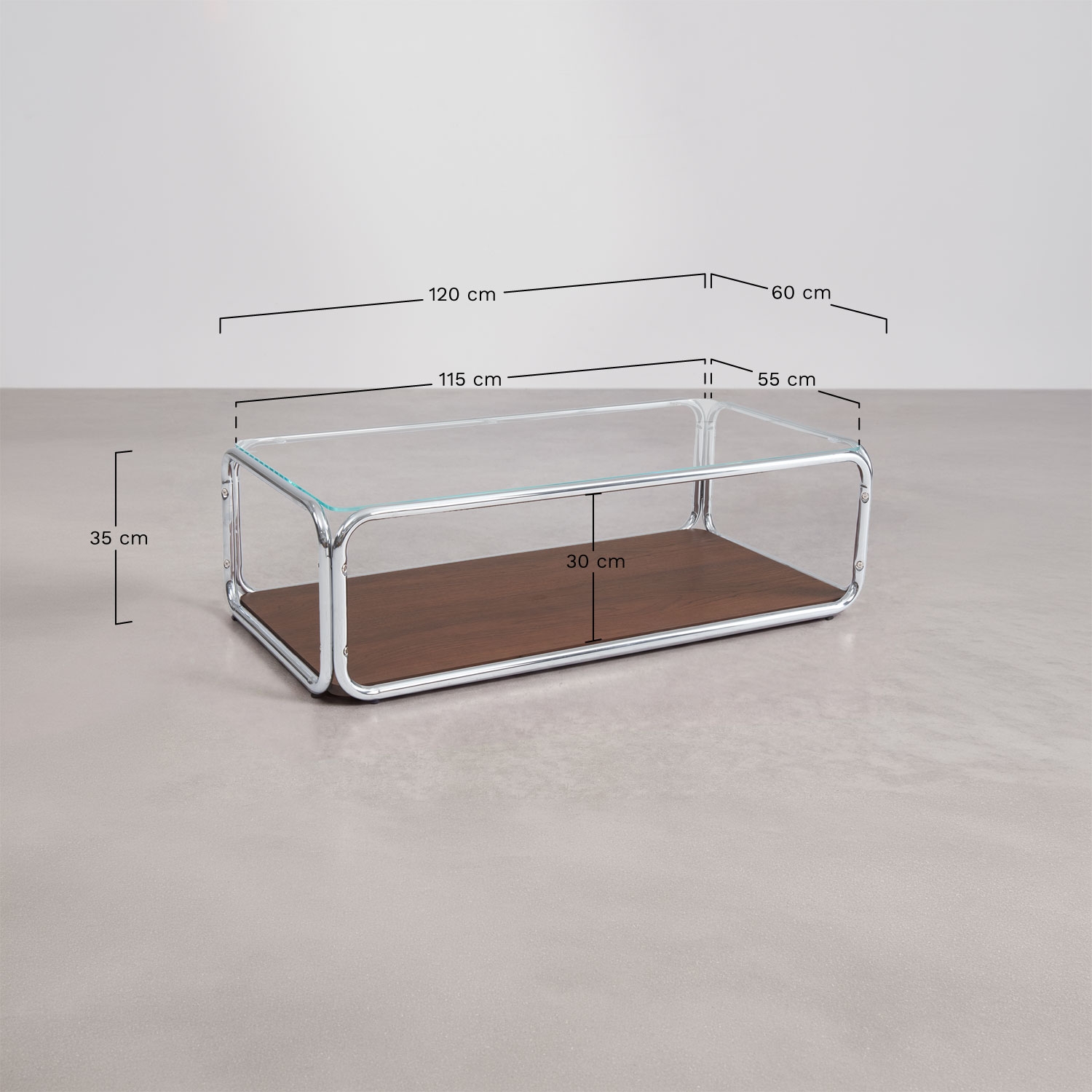 Prostokątny stolik kawowy 120x60 cm z żelaza i hartowanego szkła Kavena, rozmiary
