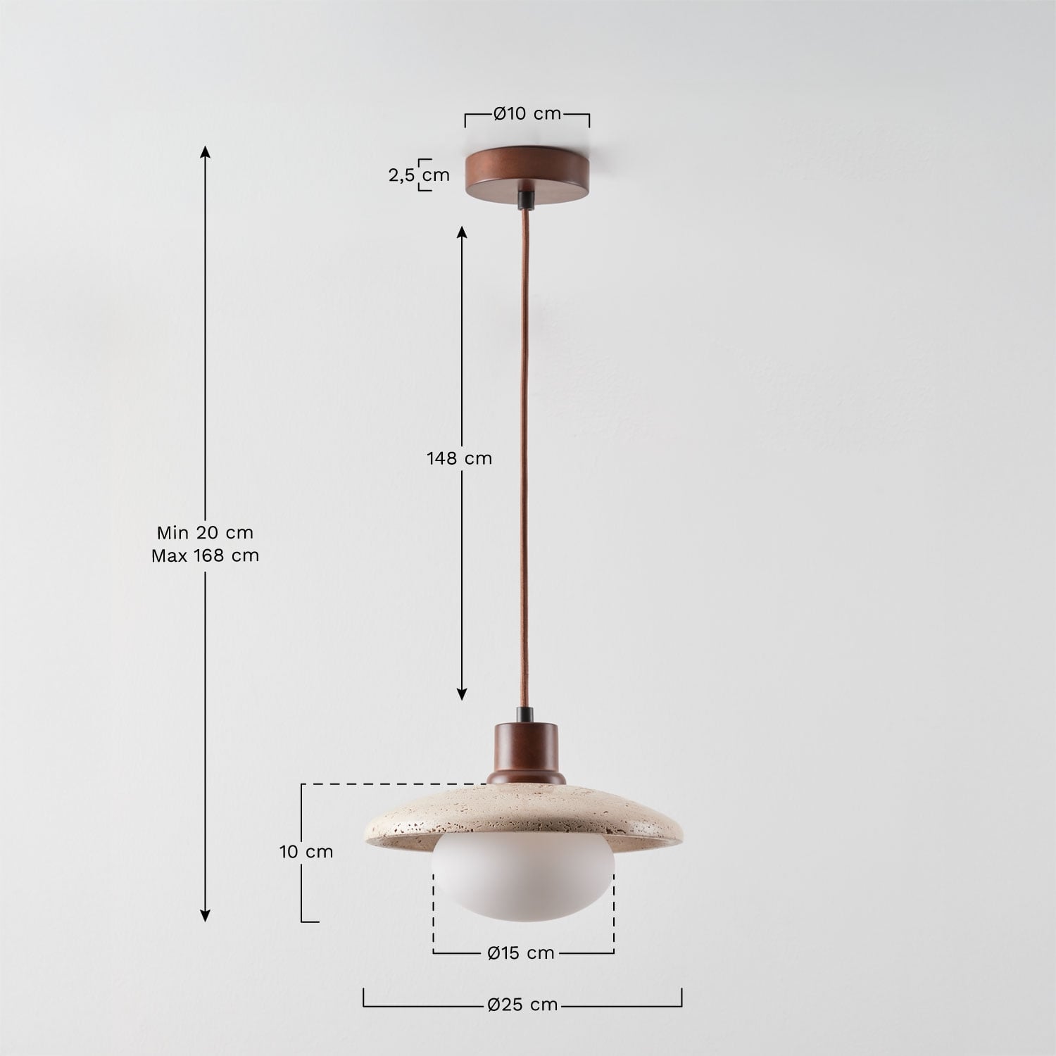 Lampa sufitowa wisząca z trawertynu i drewna z kulą szklaną Davise, rozmiary