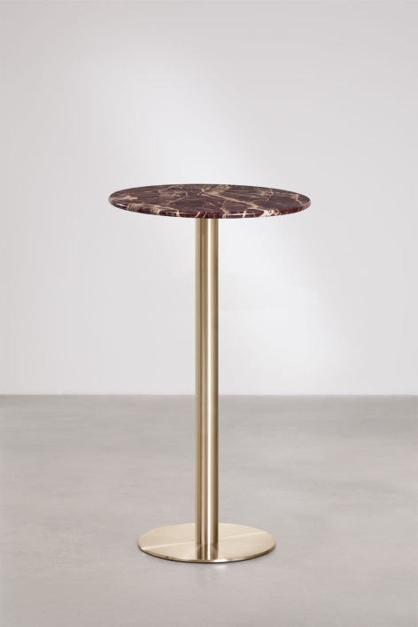 Wysoki, okrągły stolik barowy Ø60 cm z naturalnego kamienia Xiren - Czerwony Marmur Cherry Gold - Szczotkowane Złoto