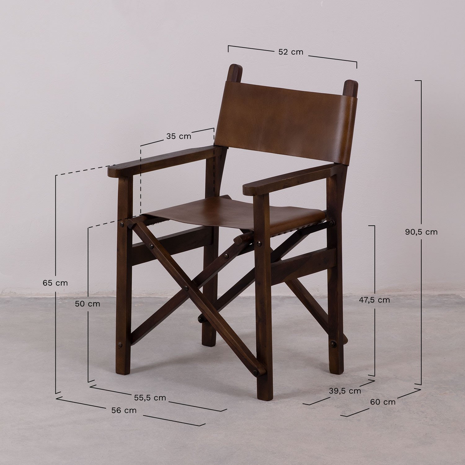 Skórzane skladane krzeslo rezyserskie Madeo, rozmiary