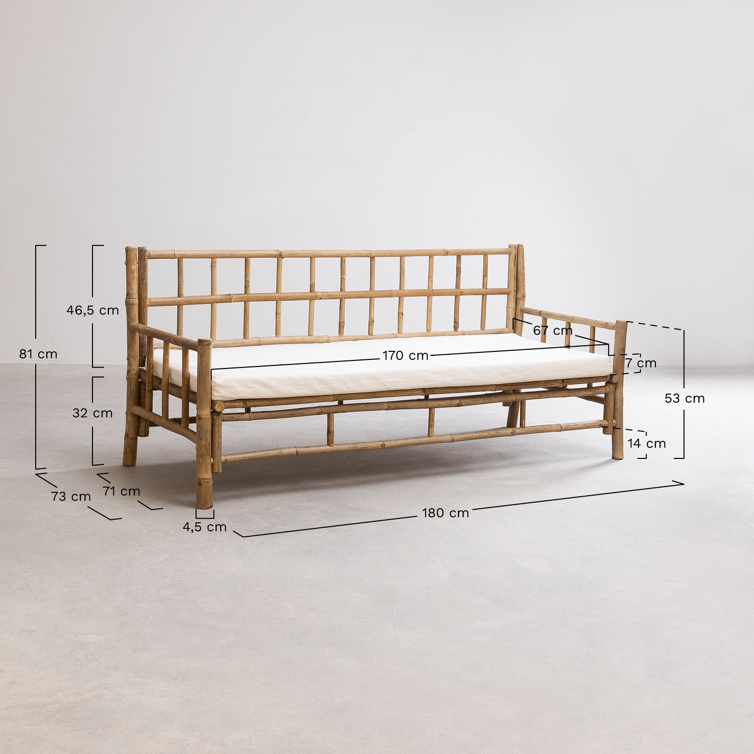 Sofa ogrodowa 3-osobowa z bambusa Nui, rozmiary