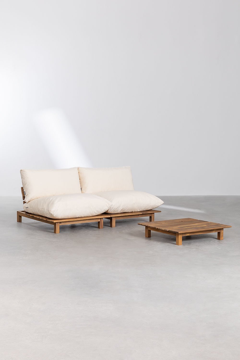 Dwuczęściowa rozkładana sofa modułowa ze stolikiem kawowym z drewna akacjowego Brina, obrazek w galerii 1