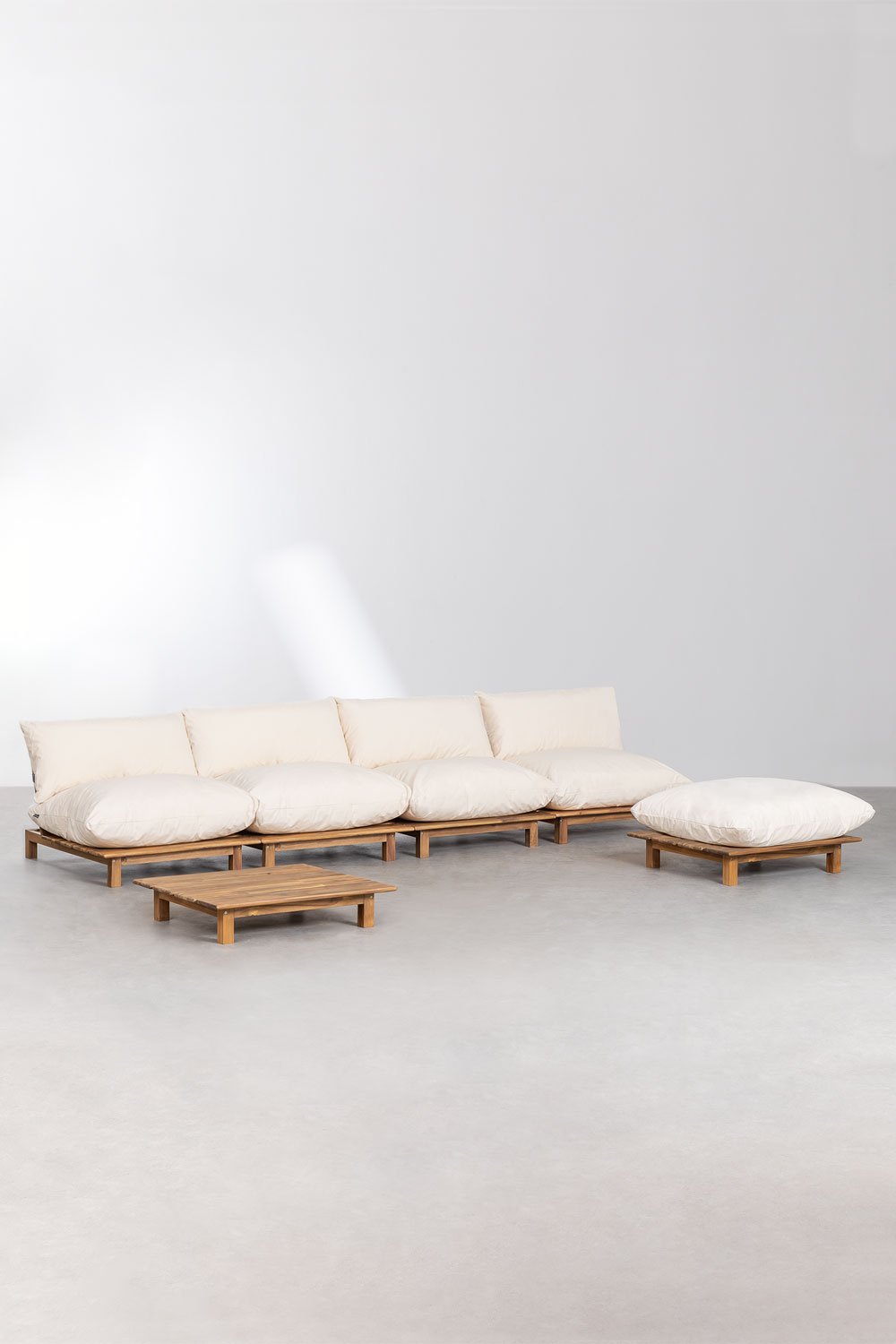 4-częściowa rozkładana sofa modułowa ze stolikiem kawowym i pufem z drewna akacjowego Brina, obrazek w galerii 1