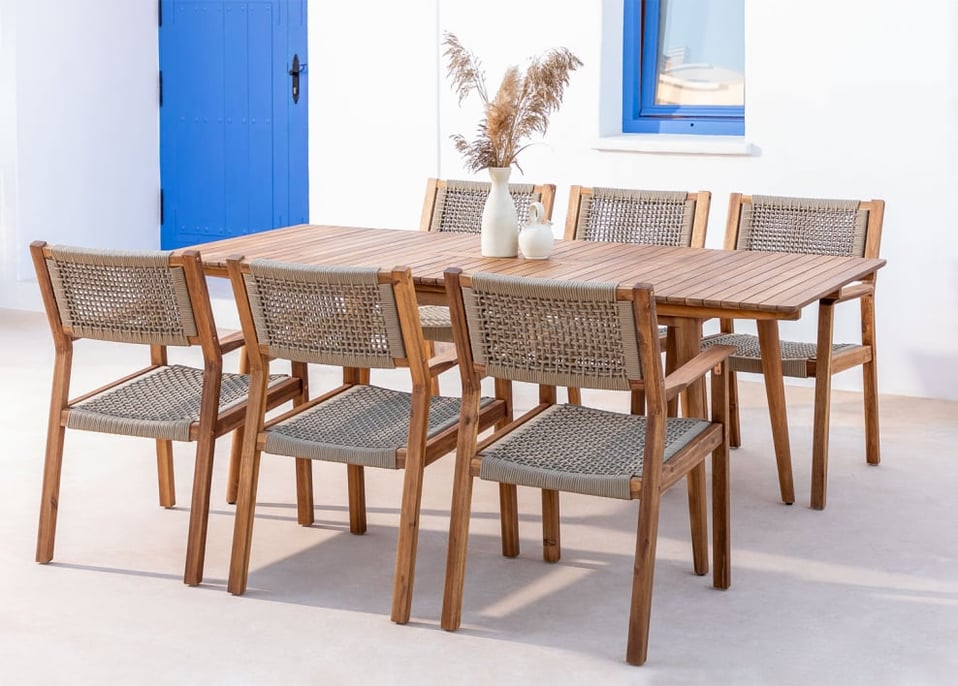 Zestaw rozkładanych stołów Tenay (160-210x90 cm) i 6 krzeseł ogrodowych