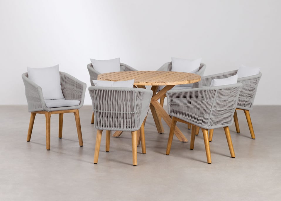Okrągły drewniany stół (Ø120 cm) Naele i 6 krzeseł ogrodowych Barker