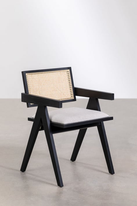 Zestaw 4 tapicerowanych krzeseł do jadalni z podłokietnikami z drewna jesionowego i rattanu Lali