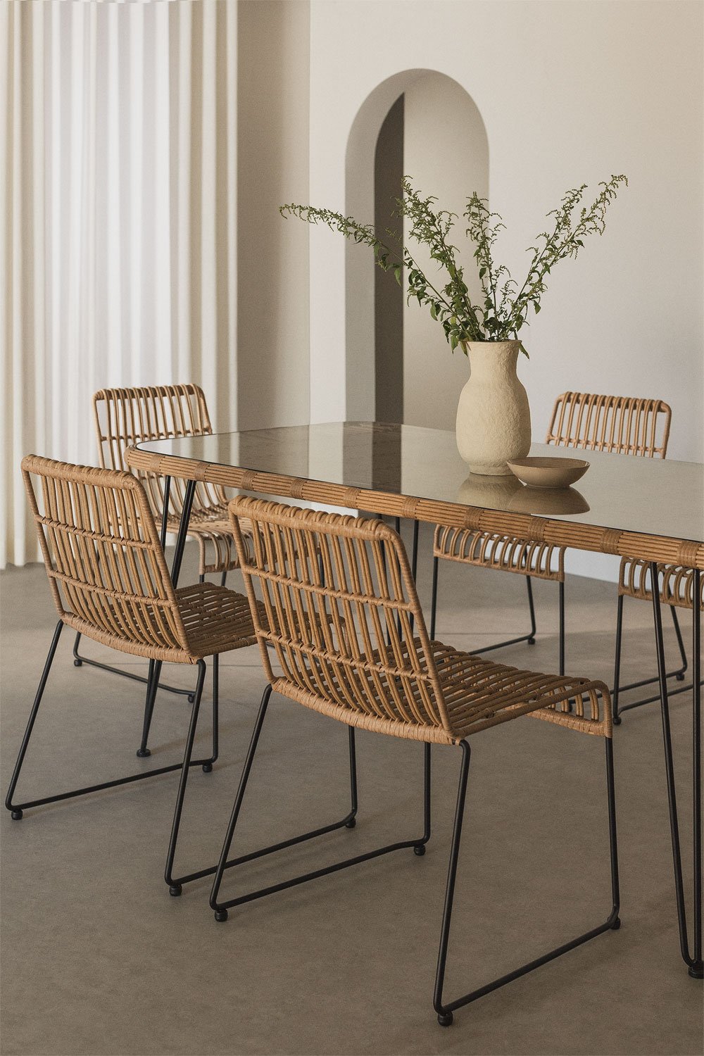 Prostokątny stół z syntetycznej wikliny (180x90 cm) Leribert i 6 krzeseł do jadalni z syntetycznego rattanu Aroa, obrazek w galerii 1