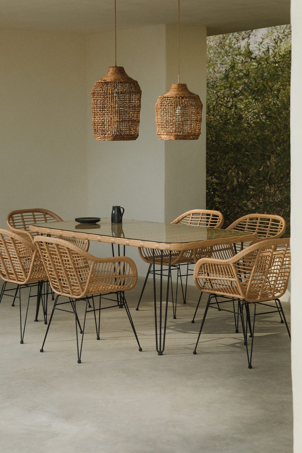 Prostokątny zestaw stołów z syntetycznej wikliny (180x90 cm) Leribert i 6 krzeseł ogrodowych z syntetycznego rattanu Zole, obrazek w galerii 1