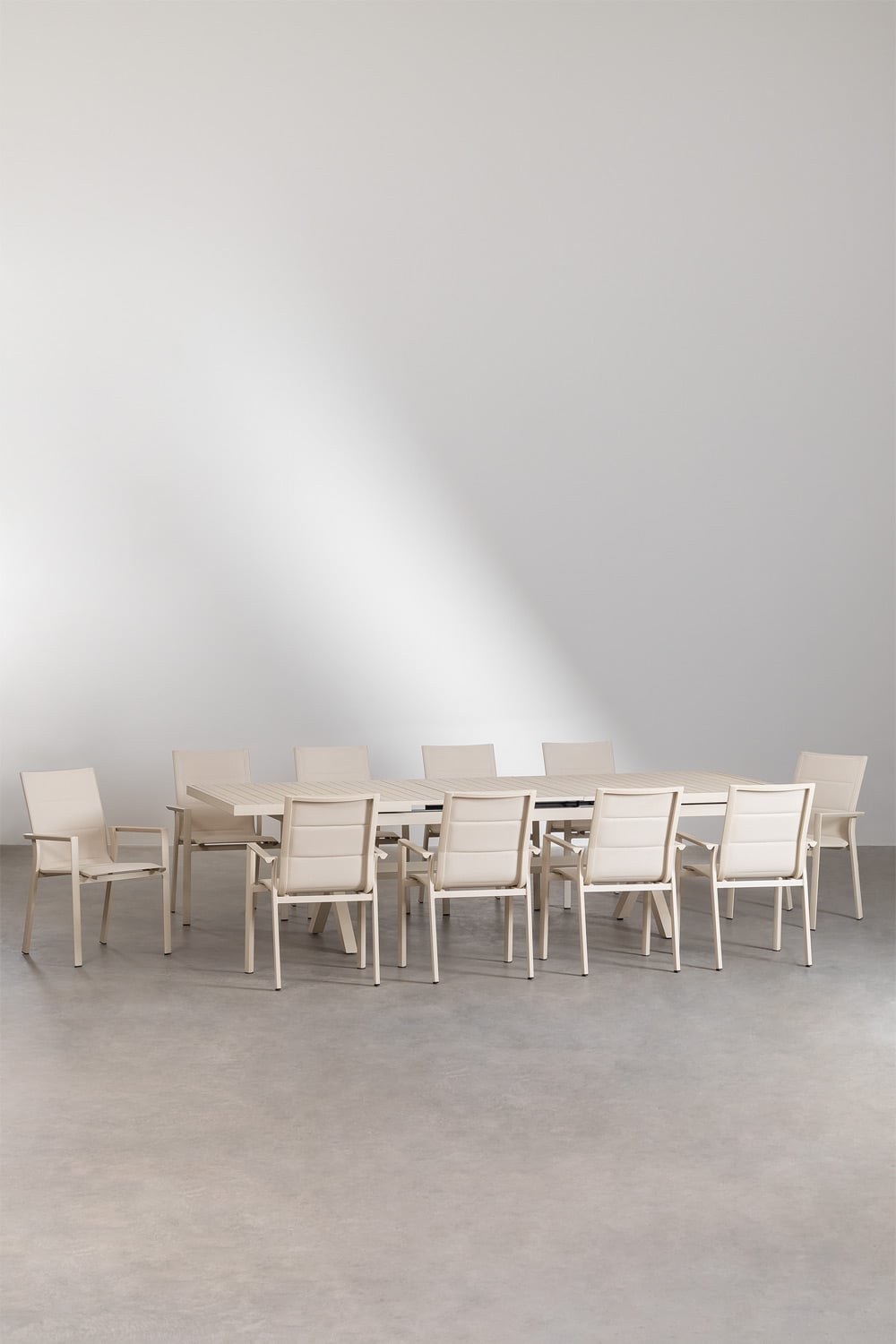 Zestaw stołu prostokątnego 240-300x100 cm rozkładanego oraz 10 sztaplowanych krzeseł ogrodowych z podłokietnikami z aluminium Ka, obrazek w galerii 2