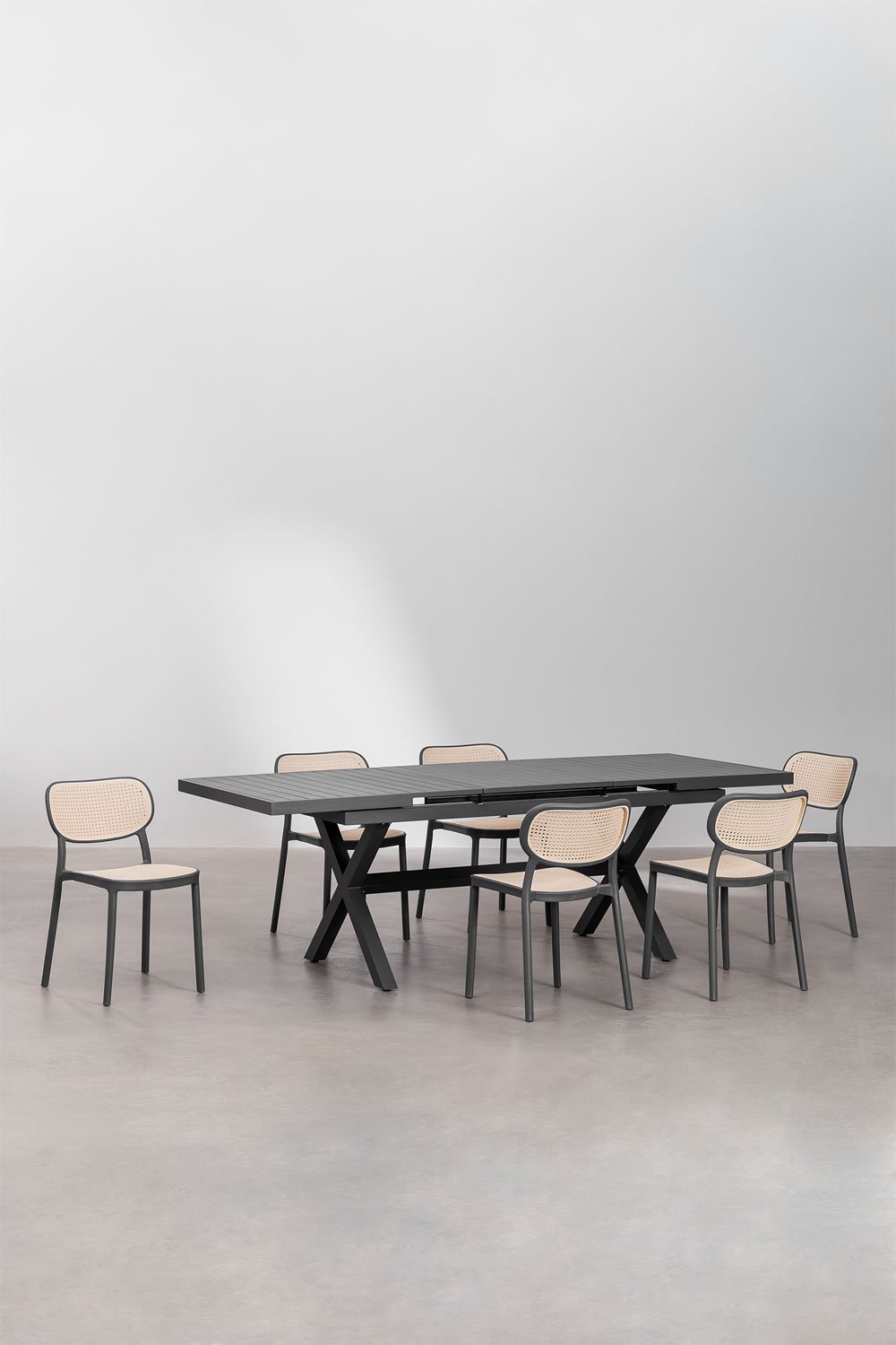 Zestaw rozkładanego prostokątnego aluminiowego stołu ogrodowego (180-240x90 cm) Karena i 6 krzeseł ogrodowych Omara, obrazek w galerii 1