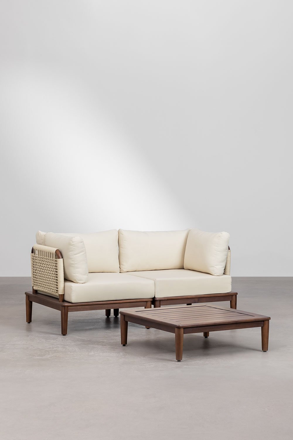 Dwuczęściowa modułowa sofa ogrodowa z 2 narożnymi fotelami i stolikiem kawowym z drewna akacjowego Brayan, obrazek w galerii 1