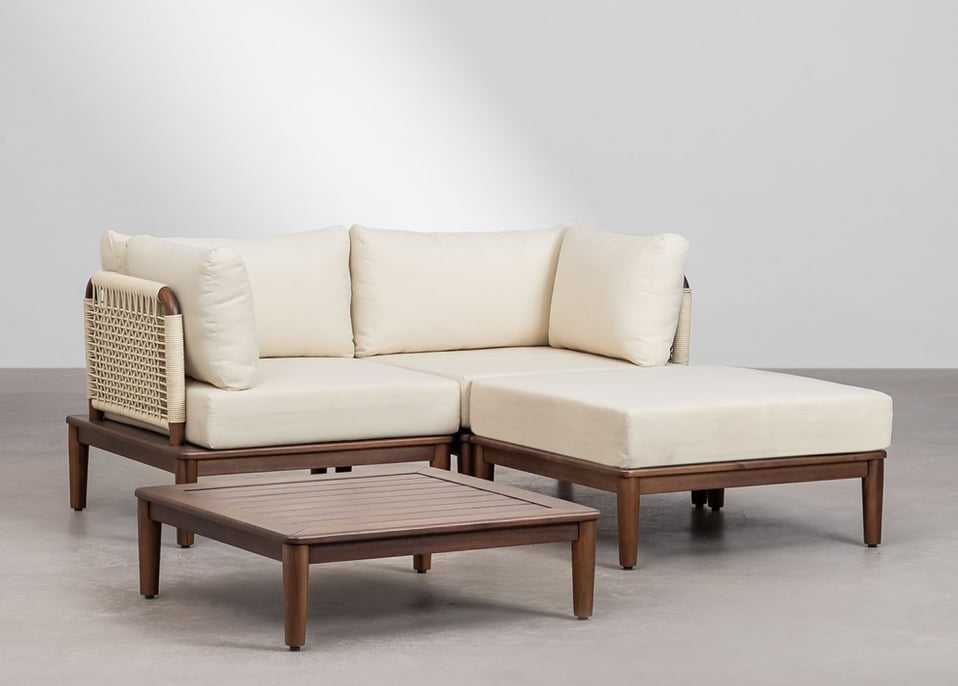 Dwuczęściowa modułowa sofa ogrodowa z 2 narożnymi fotelami, stolikiem kawowym i pufą z drewna akacjowego Brayan