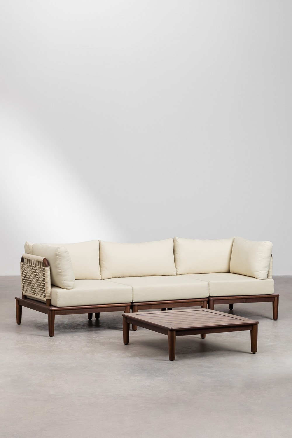 3-częściowa sofa modułowa z 2 narożnymi fotelami i stolikiem kawowym z drewna akacjowego Brayan, obrazek w galerii 1