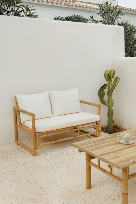 Zestaw ogrodowy z 2-osobową sofą i stolikiem kawowym (90x50 cm) z drewna Livayna Bamboo