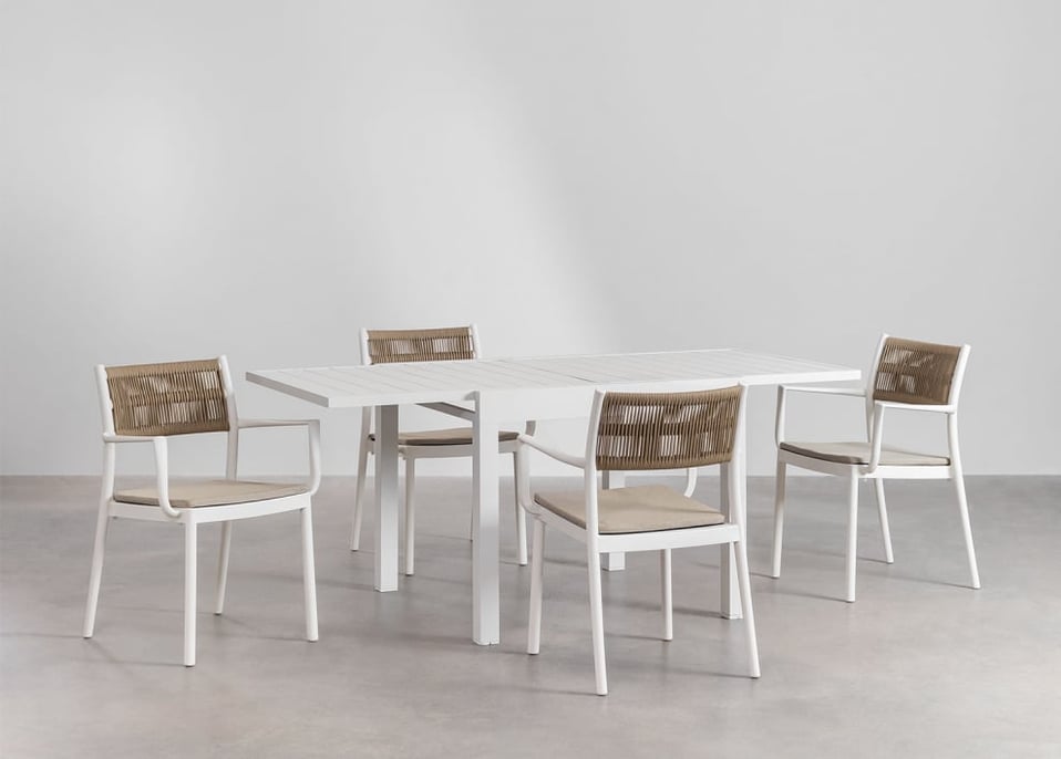 Zestaw rozkładanych prostokątnych stołów aluminiowych Starmi (90-180x90 cm) i 4 krzesła ogrodowe Favila z podłokietnikami, które