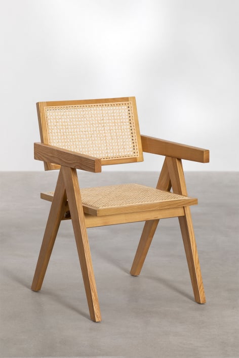Krzesło do jadalni z podłokietnikami z drewna jesionowego i rattanu w stylu Lali