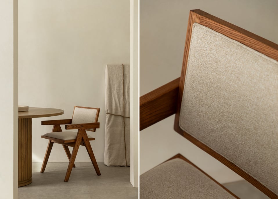 Krzesło do jadalni tapicerowane z podłokietnikami z drewna jesionowego Lali