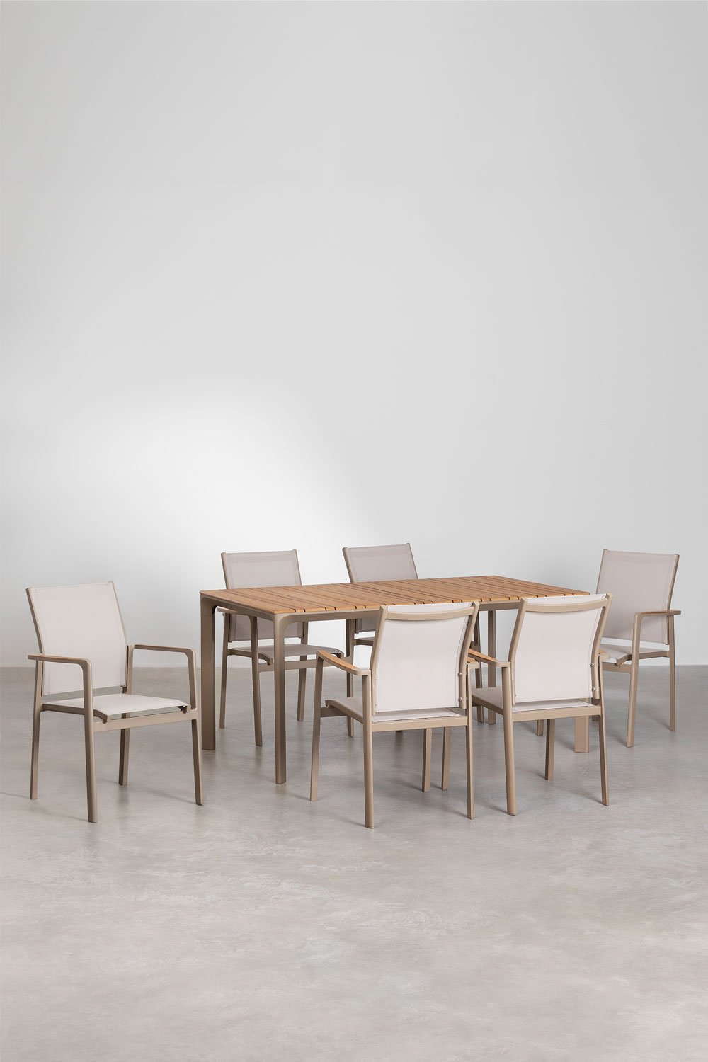 Zestaw prostokątnych stołów Katiana z aluminium i drewna tekowego (160x90 cm) i 6 aluminiowych krzeseł ogrodowych Elvira, obrazek w galerii 2