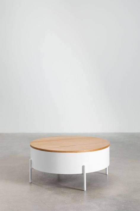 Okrągły podnoszony stolik kawowy z drewna i stali (średnica 80 cm) Tainara