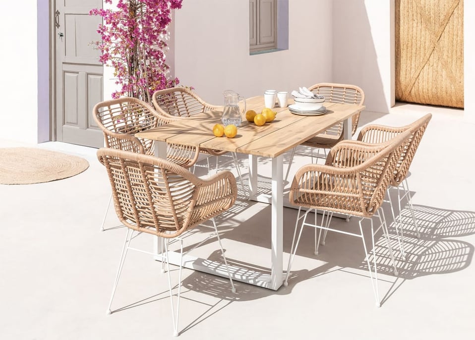 Zestaw prostokątnych drewnianych stołów (160x90 cm) Melina i 6 krzeseł ogrodowych z syntetycznego rattanu Zole