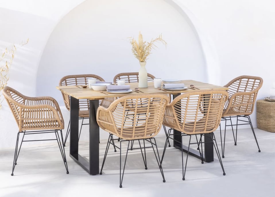Zestaw prostokątnych drewnianych stołów (160x90 cm) Melina i 6 krzeseł ogrodowych z syntetycznego rattanu Zole