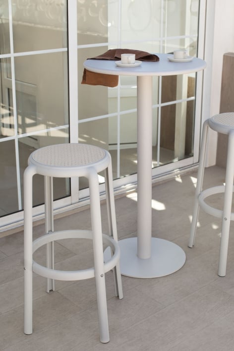 Zestaw wysokiego stołu okrągłego, metalowego Mizzi (ø60 cm) i 2 wysokie stołki ogrodowe Omara