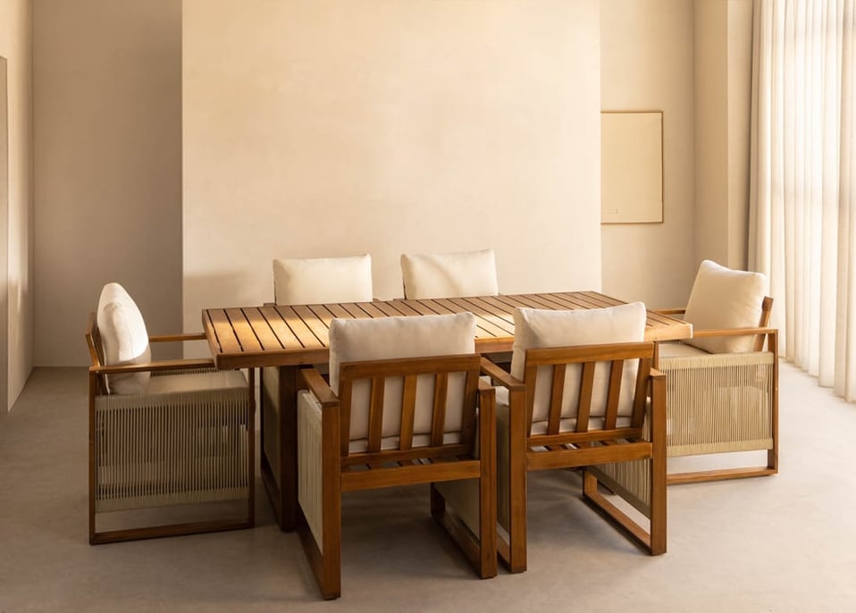 Zestaw prostokątnego stołu (200x100 cm) i 6 krzeseł do jadalni z podłokietnikami z drewna akacjowego Nayely