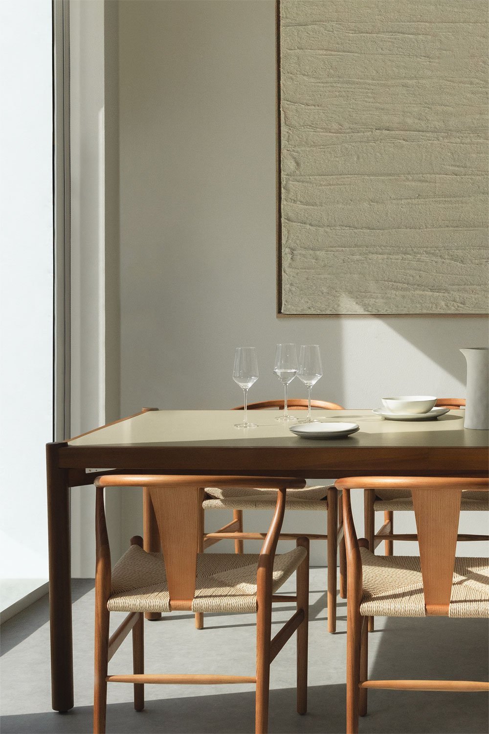 Zestaw prostokątnego stołu Gamila (210x100 cm) i 6 krzeseł do jadalni z drewna i cementu Uish Edition, obrazek w galerii 1