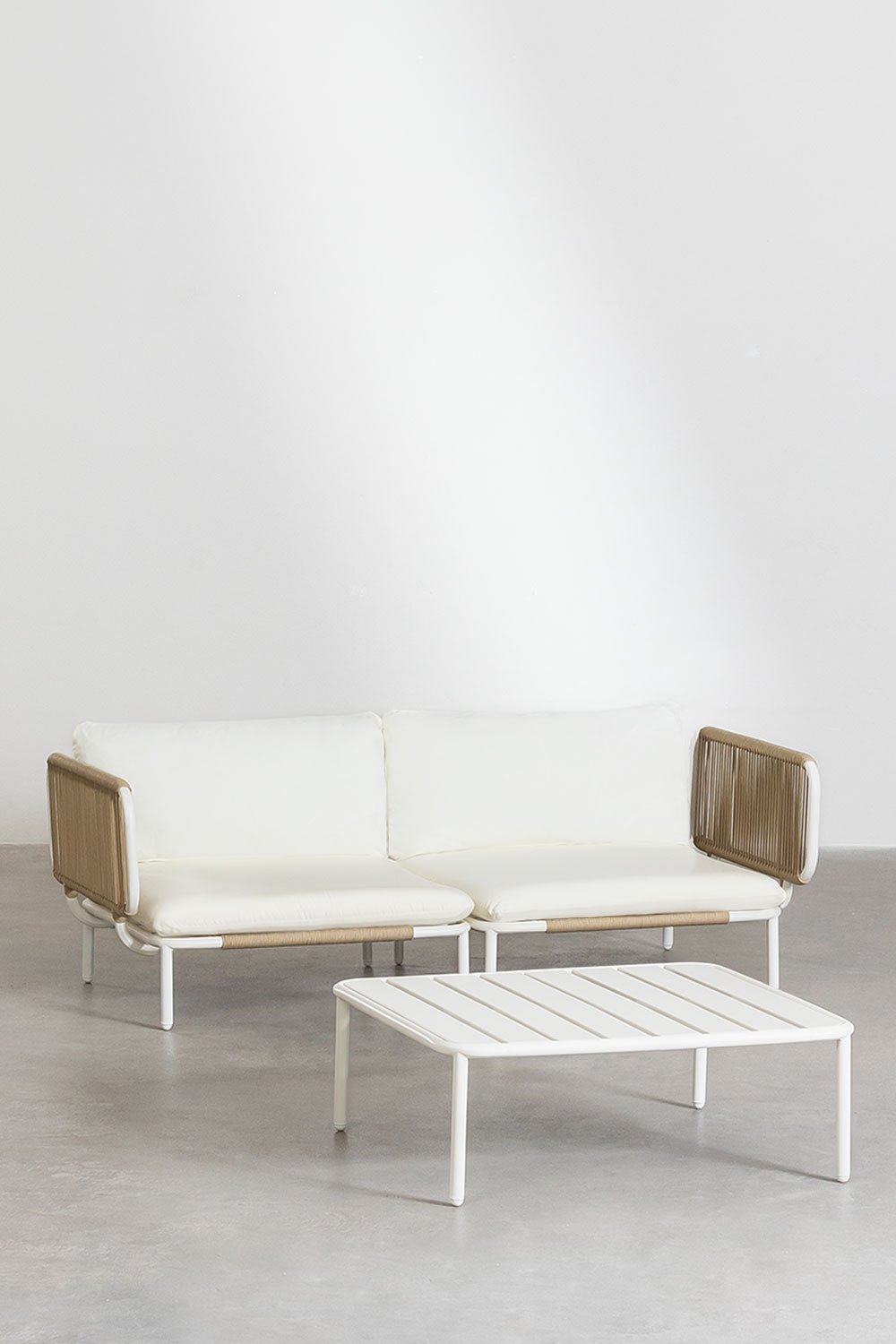 Dwuczęściowa modułowa sofa ogrodowa z 2 narożnymi fotelami i stolikiem kawowym w stylu Roubly, obrazek w galerii 1