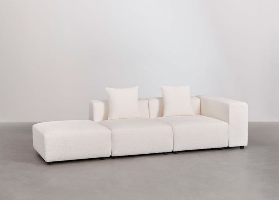 Sofa modułowa narożna prawostronna z 2 częściami, z wysokim podłokietnikiem i pufą (↔︎285 cm) Bruna - Bouclé White