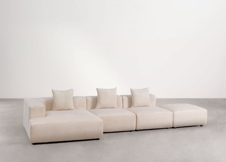 Sofa modułowa z szezlongiem narożnym lewym, 3-częściowa z pufą ↔︎390 cm Bruna - Sztruksu beżowy len