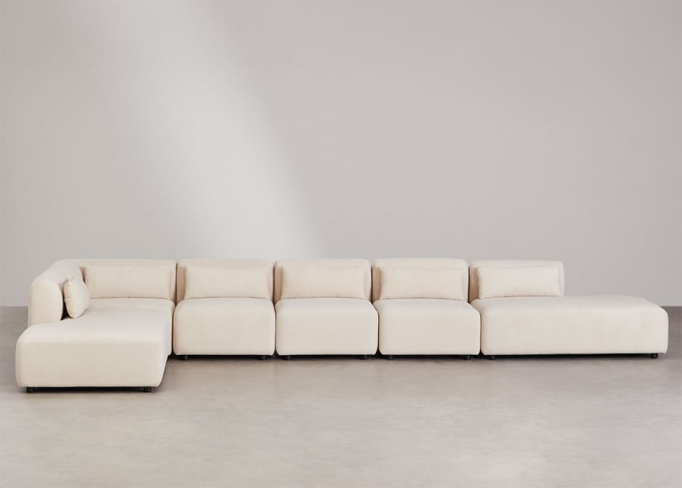 Fogler 6-częściowa narożna sofa modułowa z podwójnym szezlongiem - Sztruksu beżowy len