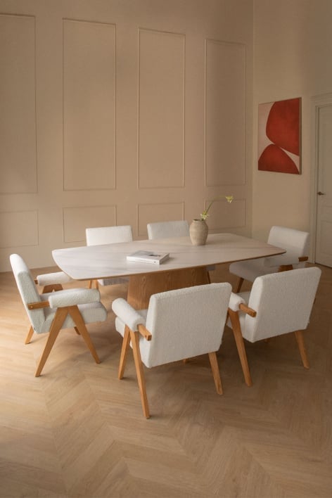 Zestaw stół prostokątny 200x100 cm z blatem ceramicznym Aura i 6 krzeseł do jadalni z drewna i tkaniny bouclé Lucca