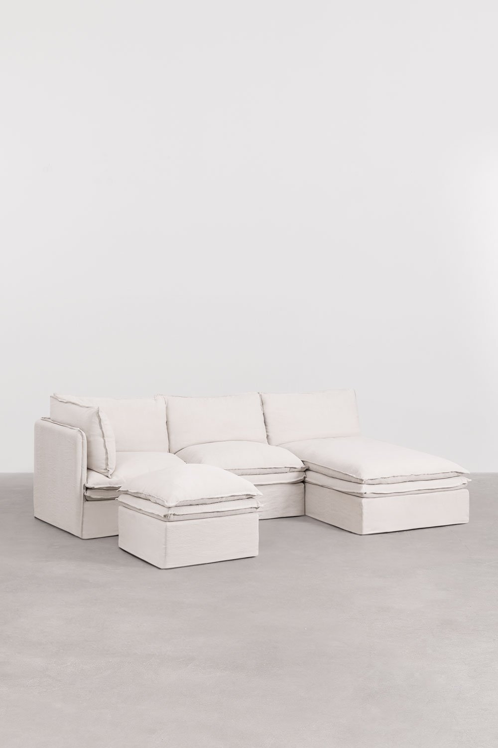 Sofa modułowy z szezlongiem 3-częściowy i pufą z lnu i bawełny Grace, obrazek w galerii 3