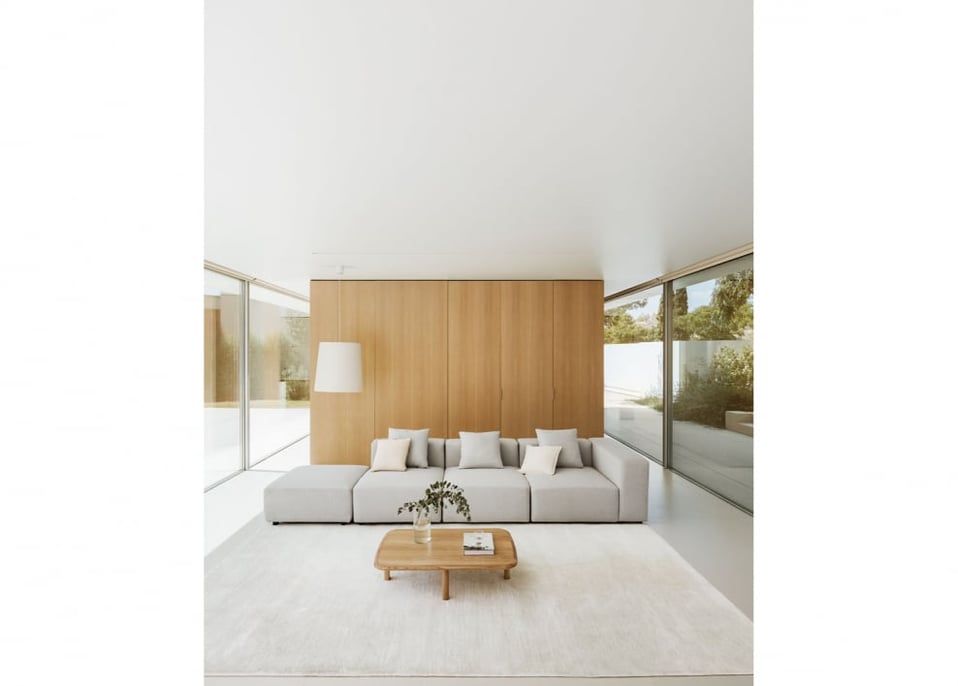 Sofa modułowa narożna prawa 3-częściowa z wysokim podłokietnikiem i pufą (↔︎370 cm) Bruna - Tkaniny Gris Glacial