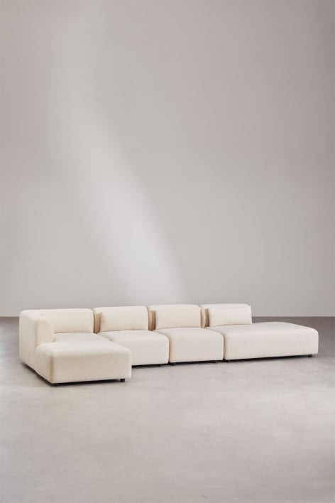 Narożna sofa modułowa 4-częściowa z prawym szezlongiem i pufą Fogler - Sztruksu beżowy len