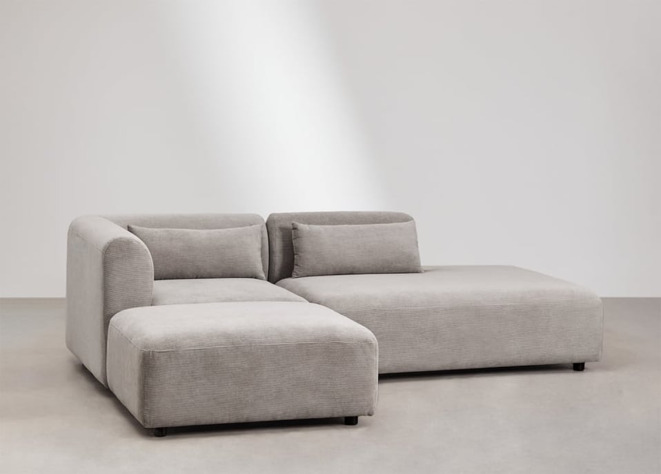 Dwuczęściowa narożnikowa sofa modułowa z prawym szezlongiem i pufą Fogler - Sztruksu Szary Kret
