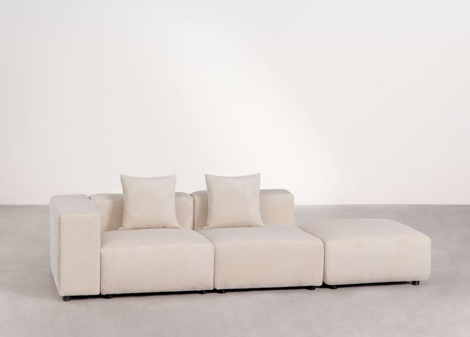 Modułowa sofa narożna lewostronna z 2 części z wysokim podłokietnikiem i pufą ↔︎285 cm Bruna - Sztruksu beżowy len