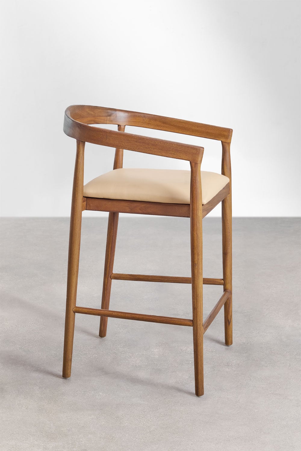 Taboret wysoki 70 cm z drewna tekowego i beżowej vintage skóry Visby, obrazek w galerii 3