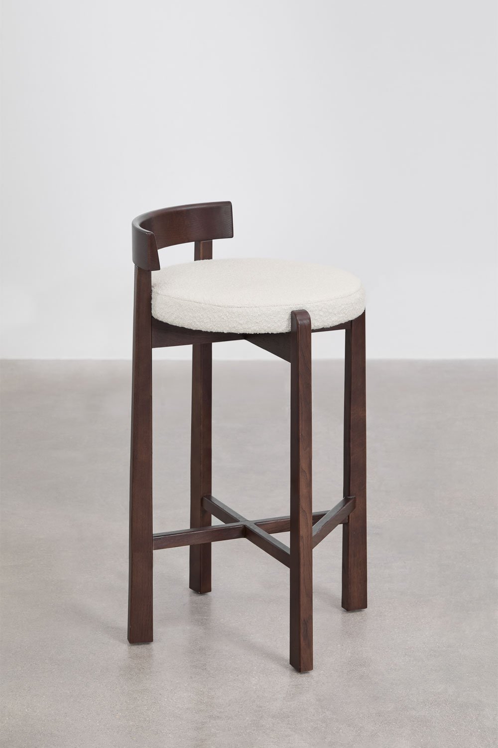 Taboret wysoki 75 cm z ciemnego drewna dębowego i białej tkaniny bouclé Manila, obrazek w galerii 4