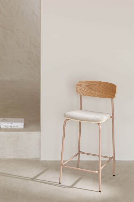 Taboret wysoki 65 cm ze stalowego żelaza o wykończeniu różowy orzech laskowy, tkaniny złamana biel i drewna Wilpier - Toasted Almond
